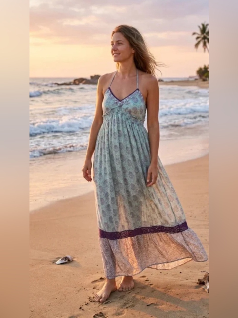 Mango 100% silk Boho Floral Maxi Sundress in Light Mint with Purple Trim